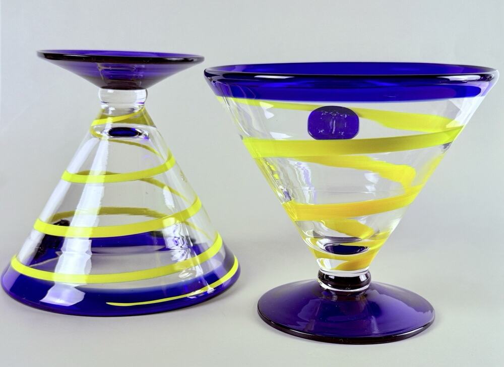VTG Kosta Boda Margarita Glasses Royal Caribbean Cobalt Blue Yellow Swirl Set 2